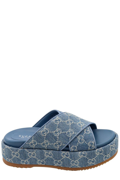 Shop Gucci Denim Monogrammed Slip In Blue
