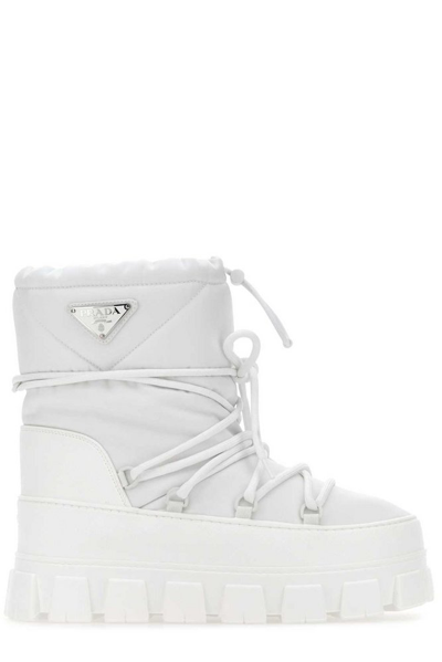 Shop Prada Logo Plaque Chunky Boots In White
