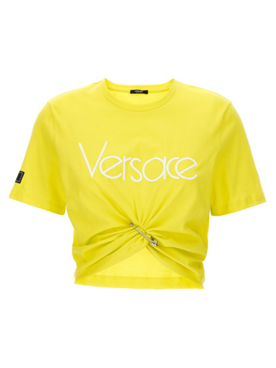 Shop Versace Safety Pin Detailed Cropped T In Yellow