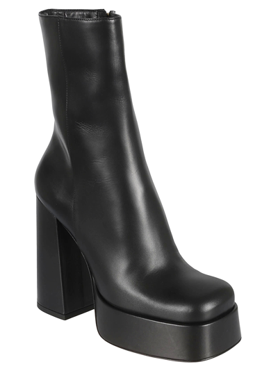 Shop Versace Block Heel Ankle Boots In Black/ Gold
