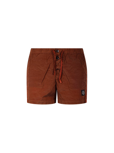 Shop Stone Island Compass Patch Swim Shorts In Brown