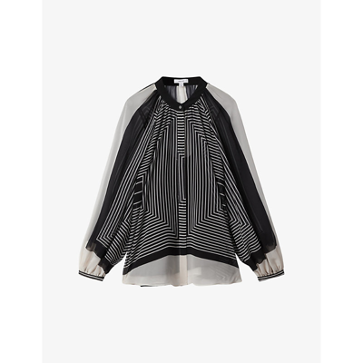 Shop Reiss Women's Black/cream Charli Placement-print Woven Blouse