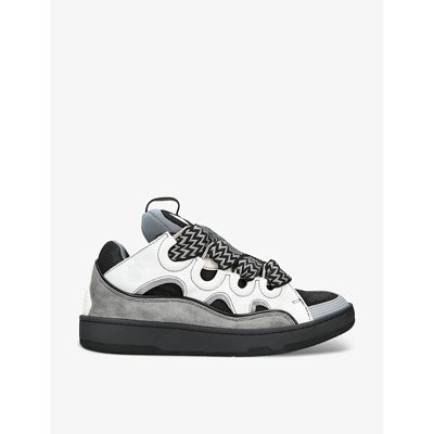 Shop Lanvin Curb -lace Leather, Suede And Mesh Trainers In Blk/grey