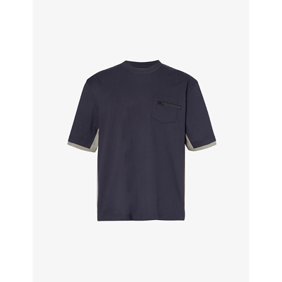 Shop Sacai Men's Navy T Chest-pocket Crewneck Cotton-jersey T-shirt