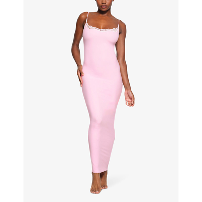 Shop Skims Women's Cherry Blossomfits Everybody Lace-trim Stretch-woven Maxi Slip Dress In Cherry Blossom Multi