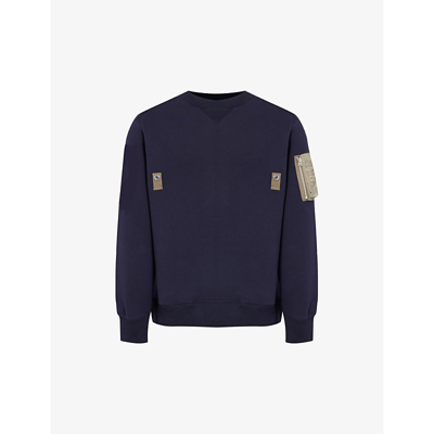 Shop Sacai Men's Navy Contrast-panel Cotton-blend Sweatshirt