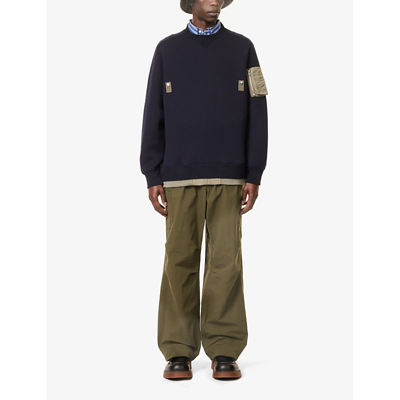 Shop Sacai Men's Navy Contrast-panel Cotton-blend Sweatshirt