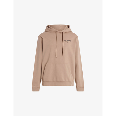 Shop Allsaints Underground Brand-print Organic-cotton Hoody In Toffee Taupe