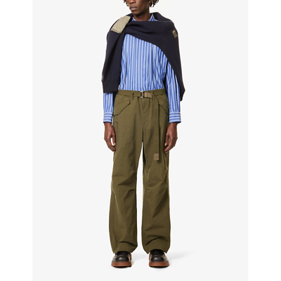 Shop Sacai Mens Khaki Integrated-belt Drawstring-hem Cotton-blend Trousers