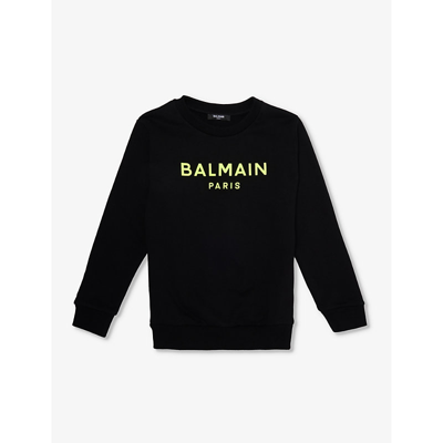 Shop Balmain Branded-print Long-sleeved Cotton-jersey Sweatshirt 6-14 Years In Black/yellow