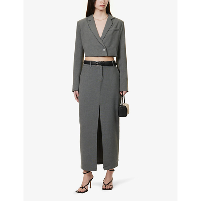 Shop Pretty Lavish Women's Grey Melange Miya Padded-shoulder Cropped Stretch-woven Blazer