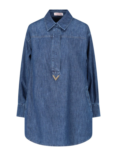Shop Valentino Vgold Curved Hem Denim Shirt Dress In Blue