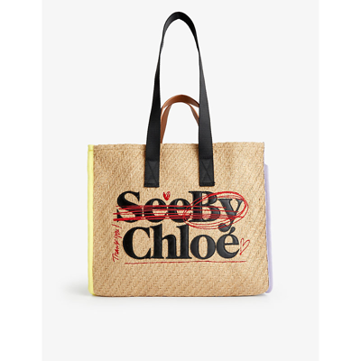 Shop See By Chloé Logo-pattern Jute Tote Bag In Straw Beige