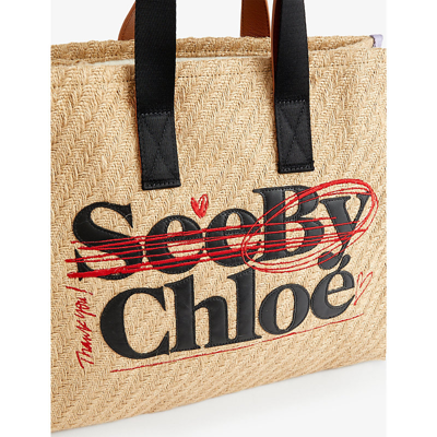 Shop See By Chloé Logo-pattern Jute Tote Bag In Straw Beige