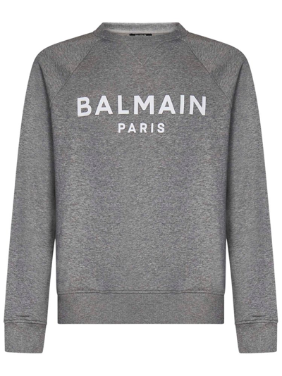Shop Balmain Logo Printed Crewneck Sweatshirt In Grey