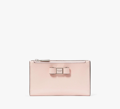 Shop Kate Spade Morgan Bow Embellished Patent Leather Small Slim Bifold Wallet In Crepe Pink