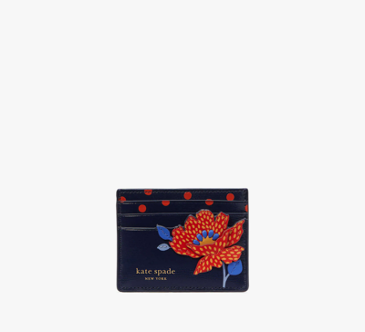 Shop Kate Spade Dottie Bloom Flower Applique Leather Card Holder In Parisian Navy