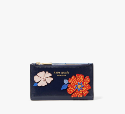 Shop Kate Spade Dottie Bloom Flower Applique Small Slim Bifold Wallet In Parisian Navy