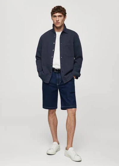 Shop Mango Man Regular Fit Cotton And Linen Overshirt Dark Navy