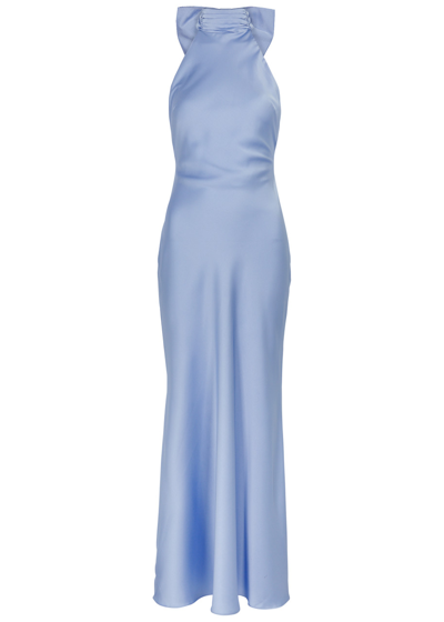 Shop Misha Evianna Bow-embellished Satin Maxi Dress In Blue