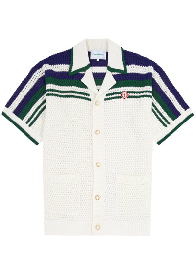 Shop Casablanca Tennis Stripe-intarsia Crochet-knit Shirt In White And Green