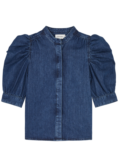 Shop Frame Gillian Puff-sleeve Denim Blouse In Dark Blue