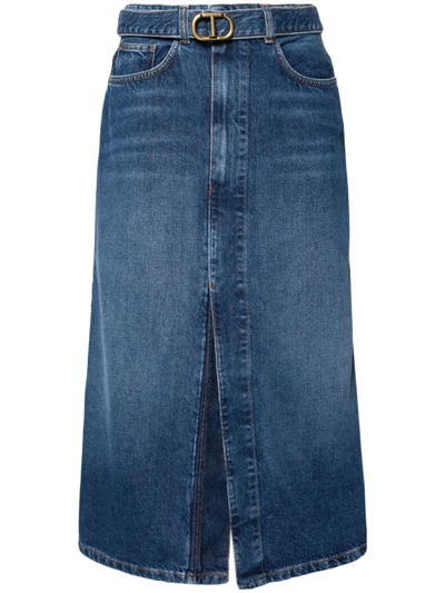 Shop Twinset Denim Skirt With Belt In Blue