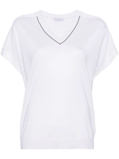 Shop Brunello Cucinelli Short Sleeve V-neck Sweater In White