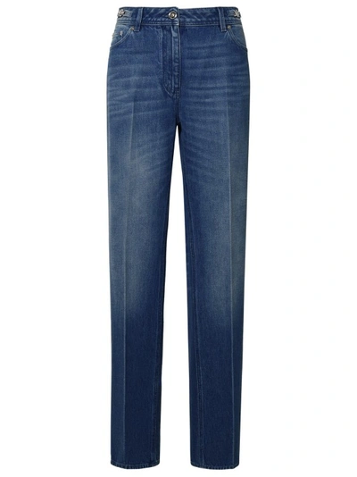 Shop Versace Tailored Blue Cotton Jeans In Green