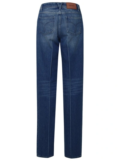 Shop Versace Tailored Blue Cotton Jeans In Green