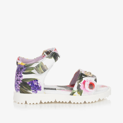Shop Dolce & Gabbana Girls White Floral Leather Sandals