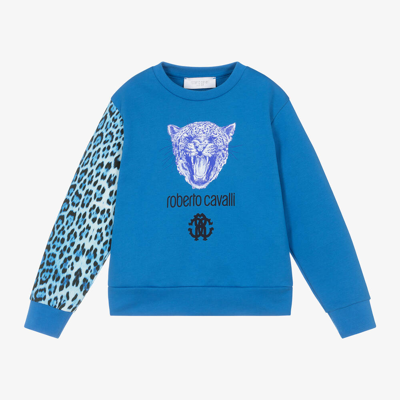 Shop Roberto Cavalli Boys Blue Cotton Tiger & Jaguar Sweatshirt