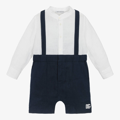 Shop Dolce & Gabbana Baby Boys Blue & White Linen Shortie