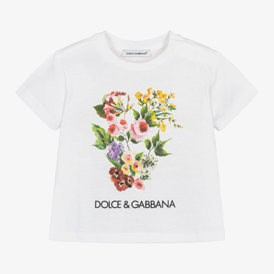 Shop Dolce & Gabbana Baby Girls White Floral Print Cotton T-shirt