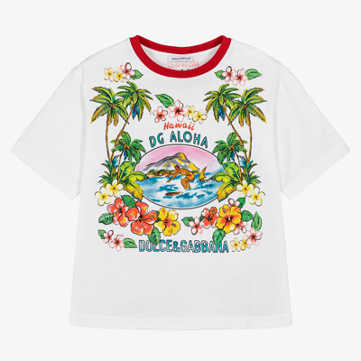 Shop Dolce & Gabbana Boys White Hawaiian Cotton T-shirt