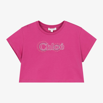Shop Chloé Girls Magenta Pink Embroidered Cotton T-shirt