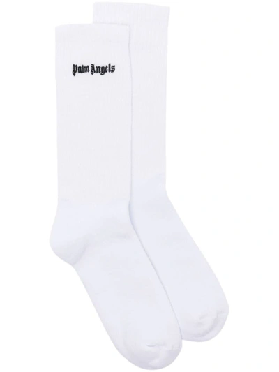 Shop Palm Angels Logo-embroidered Ribbed Socks In White Black