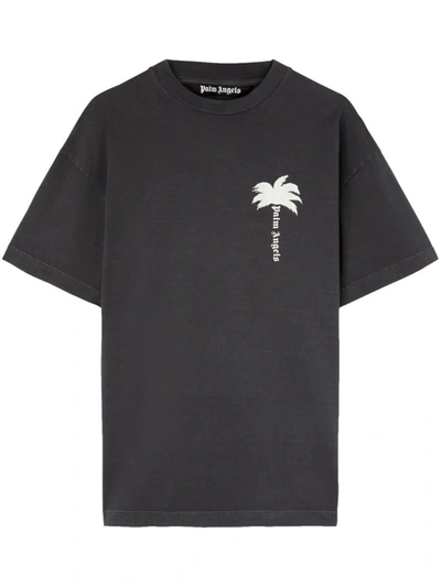 Shop Palm Angels Palm Tree-print Cotton T-shirt In Dark Grey Off White