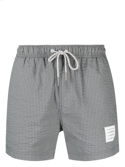 Shop Thom Browne Grey Striped Seersucker Swim Shorts