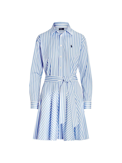 Shop Polo Ralph Lauren Women's Belted Striped Cotton Shirtdress In White Light Blue