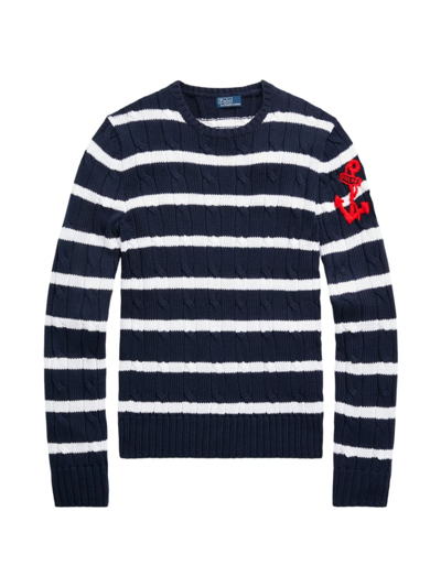 Shop Polo Ralph Lauren Women's Cotton Striped Cable-knit Sweater In Hunter Navy White Stripe