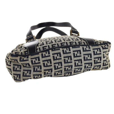 Shop Fendi Zucchino Navy Canvas Shoulder Bag ()