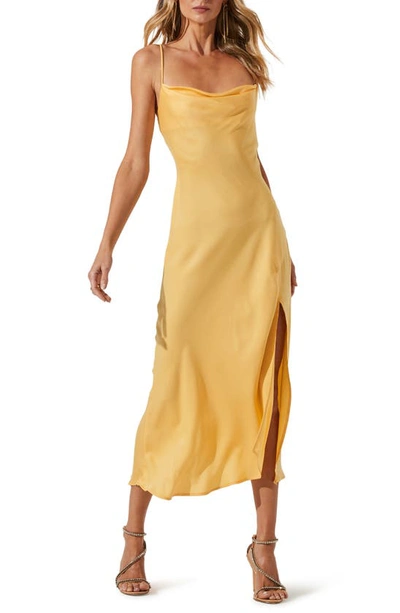 Shop Astr Gaia Cowl Neck Satin Dress In Lemon Tart