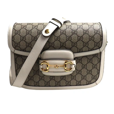 Shop Gucci Horsebit Beige Canvas Shoulder Bag ()