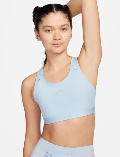 Shop Nike Trail Swoosh On-the-run Sports Bra In Blue