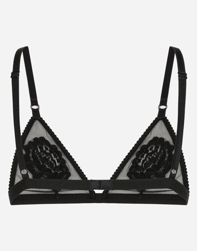 Dolce & Gabbana Tulle Triangle Bra W/ Lace Embroidery In ブラック