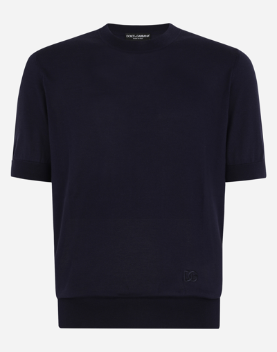 Dolce & Gabbana Logo-embroidered Silk Knitted Top In ブルー