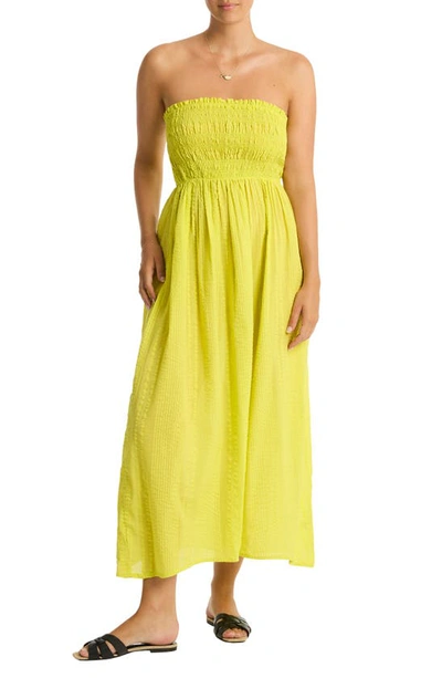 Shop Sea Level Heatwave Strapless Cotton Cover-up Dress In Citron