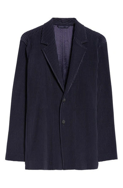 Issey Miyake Single-breasted Blazer Pleated Texture Notched Lapel In Navy
