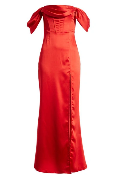 Lulus Exquisite Stunner Off The Shoulder Satin Gown In Red
